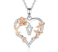 EUDORA Harmony Ball Rose Heart Initial V Necklace for Women Letter V Alphabet Initial Necklaces Copper Rhodium Plated Pendant with Cubic Zirconia, Initials Jewelry Gifts for Women Wife 18"