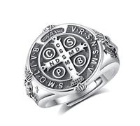 EUDORA Harmony Ball S925 Sterling Silver St Benedict Ring San Benito Rings for Women Men, Saint Benedict Amulet Adjustable Ring Christian Catholic Jewelry Gifts for Father Mother