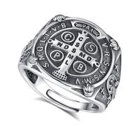 EUDORA Harmony Ball S925 Sterling Silver St Benedict Ring San Benito Rings for Women Men, Vintage Saint Benedict Amulet Adjustable Ring for Protection Christian Catholic Faith Jewelry Gifts