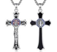 EUDORA Harmony Ball St Benedict Cross Necklace San Benito Crucifix With Obsidian for Women Men S925 Sterling Silver, Saint Benedic Cross Crucifix Pendant Christian Catholic Jewelry Gifts, 22"+2"