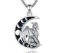 EUDORA Harmony Ball Sterling Silver Dragon Moon Phases Necklace for Women Men, Norse Mythology Viking Dragon Crescent Pendant Vintage Oxidized Jewelry Gifts for Dad Mom, 22"+2"