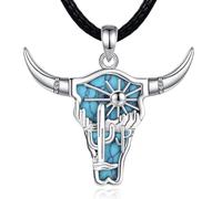 EUDORA Harmony Ball Turquoise Bull Head Necklace for Women Men, Silver Plated Copper Cow Head Cactus Pendant Sun Western Country Side Jewelry Gift for Daughter Son, 24" Black Cord