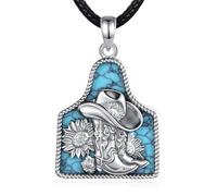 EUDORA Harmony Ball Turquoise Cow Tag Necklace for Women Men, Silver Plated Copper Boots and Sunflower Pendant Western Country Side Jewelry Gift for Daughter Son, 24" Black Cord
