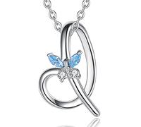 EUDORA Initial Butterfly Necklace 925 Sterling Silver I Alphabet Letter Personalised Pendant Necklaces with Blue Cubic-Zirconia Gifts for Women Ladies Girls Mother's day, 18 inches Chain