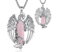 EUDORA Phoenix Necklace with Crystal for Women Men Silver Plated Copper, Vintage Viking Celtic Flaming Phenix Pendant Amulet Crystal Jewelry Gifts for Women Men,20"+2", Sterling Silver, rose quartz