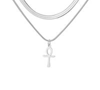 EUEAVAN Ankh Cross Y Necklace Key of Life Eye of Horus Pendant Cartouche Long Chain Protection African Coptic Amulet Ancient Egyptian Religious Jewelry Gift for Women Men (layerd Ankh Cross)