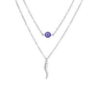 EUEAVAN Blue Evil Eye Italian Horn Necklace Devil's Third Eye Layered Pendant Good Luck Cornicello Protection Talisman Jewelry Gift for Women, M, Stainless Steel, No Gemstone