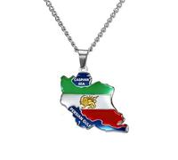 EUEAVAN Iran Map Outline Necklace Hollow Heart Iranian Flag Pendant Patriotic Heritage Pride Peace Persian Homeland Jewelry Souvenir Series Gifts for Women Men (C-Iranian flag, map, lion silver)