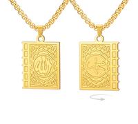 EUEAVAN Islamic Necklace Double Sided Quran Book Muhammad Prophet Allah Pendant Arabic Calligraphy Ayatul Kursi Muslim Religious Jewelry Islam Eid Ramadan Gift for Men Women (gold)