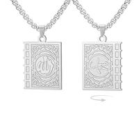 EUEAVAN Islamic Necklace Double Sided Quran Book Muhammad Prophet Allah Pendant Arabic Calligraphy Ayatul Kursi Muslim Religious Jewelry Islam Eid Ramadan Gift for Men Women (silver)
