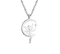EUEAVAN Moon Wendy Princess Tinker Bell Pendant Necklace Dainty Fairy Pixie Angel Holding Magic Wand Choker Magic Trendy Dancer Ballet Jewelry Fairy Tale Story Quote Girl Woman Teens (silver)