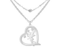 EUEAVAN Princess Wendy Tinkerbell Necklace Pixie Elf Magical Dancer Ballet Heart Cubic Zirconia Pendant Angel Wings Jewelry Fairy Tale Quote Gift for Women (layered silver)