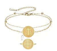 EUEAVAN St Benedict Medal Bracelet Handmade Lucky Red Rope Double Sided San Benito Bracelet Cross Patron Saint Amulet Christian Catholic Jewelry Religious GIft for Women Men (Round layered gold)