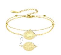 EUEAVAN St Benedict Medal Bracelet Handmade Lucky Red Rope Double Sided San Benito Bracelet Cross Patron Saint Amulet Christian Catholic Jewelry Religious GIft for Women Men (Layered gold)