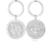 EUEAVAN St Florian Keychain for Men Patron Double-sided Saint Firefighter Medal Amulet Catholic Gift Fireman Accessories, Silver, Medium