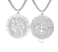 EUEAVAN St Florian Necklace for Men Patron Double-sided Saint Firefighter Medal Pendant Religious Protection Amulet Jewelry Catholic Christian Gift Fireman Accessories (silver)