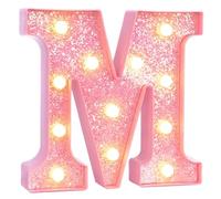 EUFONY Pink Marquee Light Up Letters, Glitter Alphabet LED Letter Lights for Pink Birthday Party Decorations, Battery Operated Letter Sign for Girls Room Vanity Table Decor, Warm White Lights Letter M
