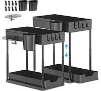 Eufrozy 2 Pack Under Sink Storage, 2-Tier Sliding Under Sink Organiser with 8 Hooks 2 Cups & Soap Dish, Multi-Purpose Kitchen Storage Organisation Rack with Adjustable Height for Kitchen Bathroom