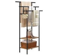 EUGAD 3-Tier Freestanding Towel Stand, Ladder Towel Rack with 2 Storage Shelves, Drying Rack, Storage Rack with Hangers for Bathroom/Bedroom/Hallway, Black Metal + Oak Effect Engineered Wood