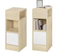 EUGAD Set of 2 Narrow Bedside Tables, Slim Nightstands with 2 Open Compartments and 1 Drawer Each, Space Saving Wooden Cabinets for Bedroom Living Room, Light Woodlook, 25x30x66 cm, 0192ZZ-2