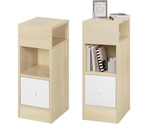 EUGAD Set of 2 Narrow Bedside Tables, Slim Nightstands with 2 Open Compartments and 1 Drawer Each, Space Saving Wooden Cabinets for Bedroom Living Room, Light Woodlook, 25x30x66 cm, 0192ZZ-2