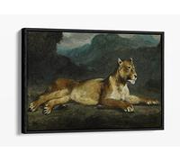 Eugene Delacroix, Lioness Reclining - Canvas Floater Frame Print Picture Art - Black Frame 24 inch wide x 16 inch high