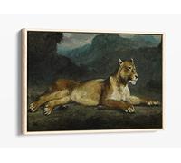 Eugene Delacroix, Lioness Reclining - Canvas Floater Frame Print Picture Art - Light Oak Frame 12 inch wide x 8 inch high