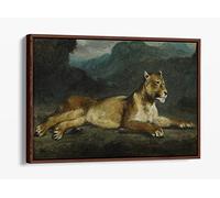 Eugene Delacroix, Lioness Reclining - Canvas Floater Frame Print Picture Art - Walnut Frame 24 inch wide x 16 inch high