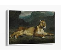 Eugene Delacroix, Lioness Reclining - Canvas Floater Frame Print Picture Art - White Frame 24 inch wide x 16 inch high