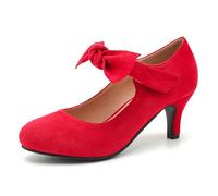 Eugisy Women's Cute Bow Heels Mary Jane Low Kitten Heel Pumps Closed Toe Bowtie Ankle Strap Hook & Loop Vintage Wedding Evening Party Dress Office Work Church Shoes, Red Suede, 3 UK