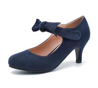 Eugisy Women's Cute Bow Heels Mary Jane Low Kitten Heel Pumps Closed Toe Bowtie Ankle Strap Hook & Loop Vintage Wedding Evening Party Dress Office Work Church Shoes, Navy Blue Suede, 6 UK