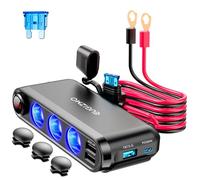 EUGIZMO 12V Car Cigarette Lighter Socket, 200W 3 Socket Cigarette Lighter Plug Splitter USB Charger Adapter 12V Socket Power Outlet Auxiliary Cigarette Lighter Socket with Eyelet Terminal (Red)