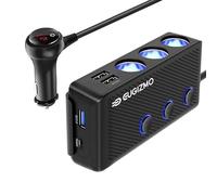 EUGIZMO Cigarette Lighter Plug Splitter, 200W 3 Socket Car Cigarette Lighter Adapter USB Charger Extension Cord Multi Port Power Plug 12V/24V Splitter with LED Voltage Display Independent Switches