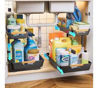 EUHOME Under Sink Storage, 2-Tier Pull Out Under Sink Organizer, L-shape Height Adjustable Under Sink Organiser for Bathroom Kitchen Cabinet, 2 Pack