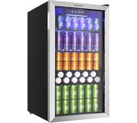 EUHOMY 90L Drinks Fridge, 126 Can Beer Fridge with Glass Door, Small Refrigerator with Adjustable Shelves for Soda Beer or Wine, Home/Bar/Office, Silver, Steel, One-Touch Control