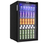 EUHOMY 90L Drinks Fridge, 126 Can Beer Fridge with Glass Door, Small Refrigerator with Adjustable Shelves for Soda Beer or Wine, Home/Bar/Office, Black, Steel, One-Touch Control