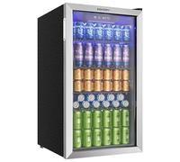 EUHOMY 93L Drinks Fridge, 126 Can Beer Fridge with Glass Door, Wine fridge with Adjustable Shelves for Soda Beer or Wine, Home/Bar/Office, Silver, Steel, One-Touch Control [Energy Class F]