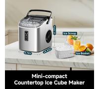 EUHOMY Small Ice Maker Machine - Ready in 6 Minutes, Produces 9 Cubes, 12 Kg/Day, Self-Cleaning, Portable Ice Maker with Handle, Basket, and Scoop, 2 Ice Cube Sizes for Home, Kitchen, Silver