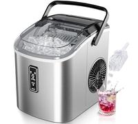 EUHOMY Small Ice Maker Machine - Ready in 6 Minutes, Produces 9 Cubes, 12 Kg/Day, Self-Cleaning, Portable Ice Maker with Handle, Basket, and Scoop, 2 Ice Cube Sizes for Home, Kitchen, Silver