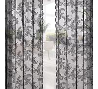 EUIEUT Black Lace Curtains 2 Pack 57 x 90 Inch Floral and Leaf Voile Curtains Vintage Knitted Lace Sheer Window Curtain for Living-Room Bedroom Semi Transparent Voile Curtain Panels Pencil Pleat