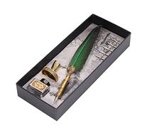 Eujgoov Vintage Quill Pen Set, Smooth Writing Stainless Steel Dip Pen with Replaceable Nibs and Ink for Calligraphy and Art Projects (Green)