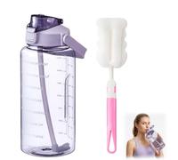 EujRcf 2L Sports Water Bottle with Straw, Clear Leakproof Design, Time Markings, Portable Handle, Includes Bottle Brush, for Gym, Running, Cycling, School and Office, Purple