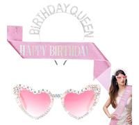 EujRcf 3 PCS Birthday Queen Glasses Kit, Birthday Queen Sash, Heart Shaped Sunglasses, Birthday Headband Girl, Sparkling Accessories for Women Girls Birthday Party Suppliesa