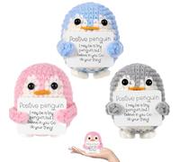 EujRcf 3 PCS Positive Penguin, Knitted Doll, Mini Funny Positive Penguin, Knitted Positive Gifts with Cards for Family Friends Encouragement Party Decoration(Grey+Pink+Blue)