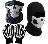 EujRcf 3 PCS Skeleton Gloves and Skull Face Mask and the Skull Hood Half Ghost Bones Cosplay Costumes for Adult Halloween Dance Costume Party Hunting Fishing Skateboard Ski Halloween Party One Size