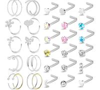 EujRcf 34Pcs Nose Ring, Nose Stud, Nose Piercing Set, 8mm Fake Nose Ring, Silver Nose Studs, Nose Studs Sterling Silver, Nose Piercings for Women and Men