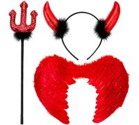 EujRcf 3pc Red Devil Costume Women - Ladies Devil Outfit with Red Angel Wings,Sequin Horns Headband and Pitchfork Halloween Costumes Women,Dark Angel Halloween Costume Party