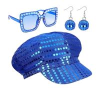 EujRcf 3Pcs Abba Fancy Dress Costume 70s Disco Women Accessories Set - Sequined Beret Hat, Sunglasses, Earrings - One Size Fits Most - Blue - Adult - Unisex - 70s Disco Theme