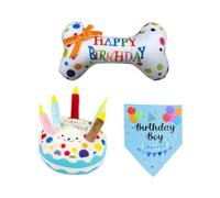 EujRcf 3PCS Dog Birthday Present, Soft & Durable Dog Birthday Bone Toys, with Cake and Bandana Designs, Dog Birthday Toy Set for Celebrations, Soft Plush Dog Toys for Interactive Play and Dental Care