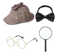 EujRcf 4 Pieces Detective Costume Set Detective Hat Glasses Bow Tie Magnifying,Victorian Costume Boys, for World Book Day Outfits, Halloween Party Accessories, Dress up Party